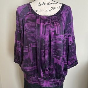 Anne Klein Purple Black Abstract Print Silk 3/4 Sleeve Scoop Neck Blouse S